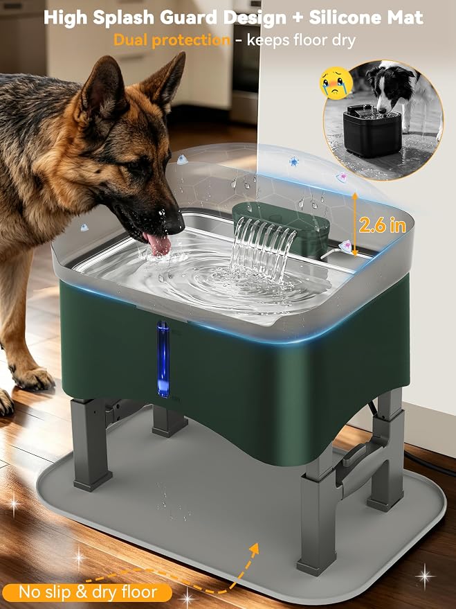 11L No-Spill Elevated Dog Water Fountain, 4 Heights Adjustable | Large Capacity, No-Splash, Anti-Slip Mat, 304 Stainless Steel Tray, 5-layer Filtration, for Senior/Large Dog & Multi-Pet Home