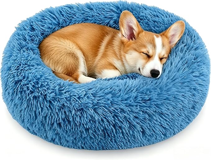 Calming Donut Dog and Cat Bed for Indoor Cats, Anti-Anxiety Round Fluffy Soft Washable Small Pet Bed for Puppy and Kitten, Warming Comfortable Luxury Anti-Slip Waterproof Mute Base 20in Light Blue