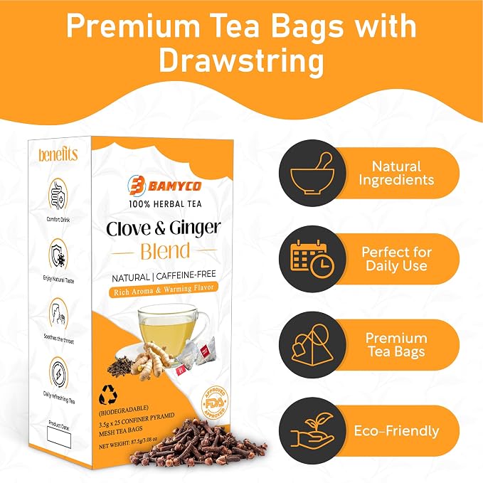 Clove & Ginger Tea Bags Caffeine Free Herbal Tea, 25 Pyramid Clove Tea Bags