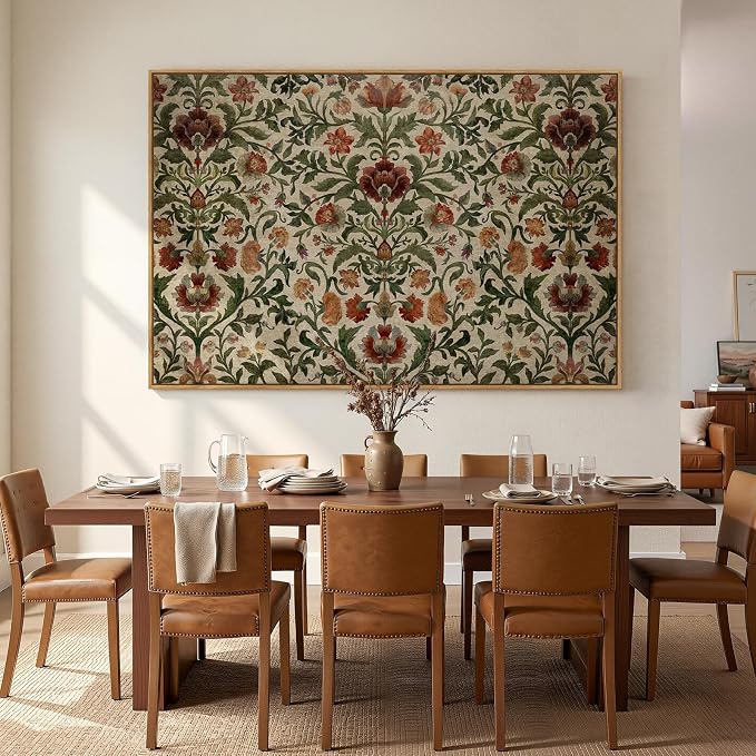 Extra Large Framed William Morris Style Wall Art for Living Room, Oversized Vintage Floral Canvas Prints Artwork for Walls, Horizontal Retro Rustic Painting Hallway Dining Room Wall Decor, 72x48 Inch