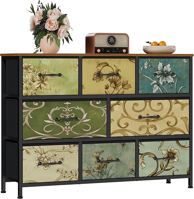 8 Drawer Dresser for Bedroom, Wide Vintage Fabric Chest of Drawers | Vintage Dresser for Closet, Fabric Storage Drawer Units, Retro Floral Dresser for Living Room, Hallway, Entryway, Wooden Top