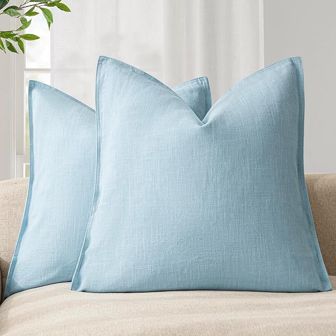 Foindtower Pack of 2, Decorative Linen Solid Throw Pillow Covers Soft Accent Euro Cushion Case Farmhouse Neutral Pillowcase for Chair Couch Sofa Bedroom Living Room Home Decor 22 x 22 Inch Light Blue