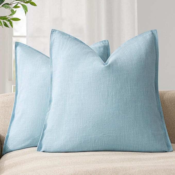 Foindtower Pack of 2, Decorative Linen Solid Throw Pillow Covers Soft Accent Euro Cushion Case Farmhouse Neutral Pillowcase for Chair Couch Sofa Bedroom Living Room Home Decor 24 x 24 Inch Light Blue