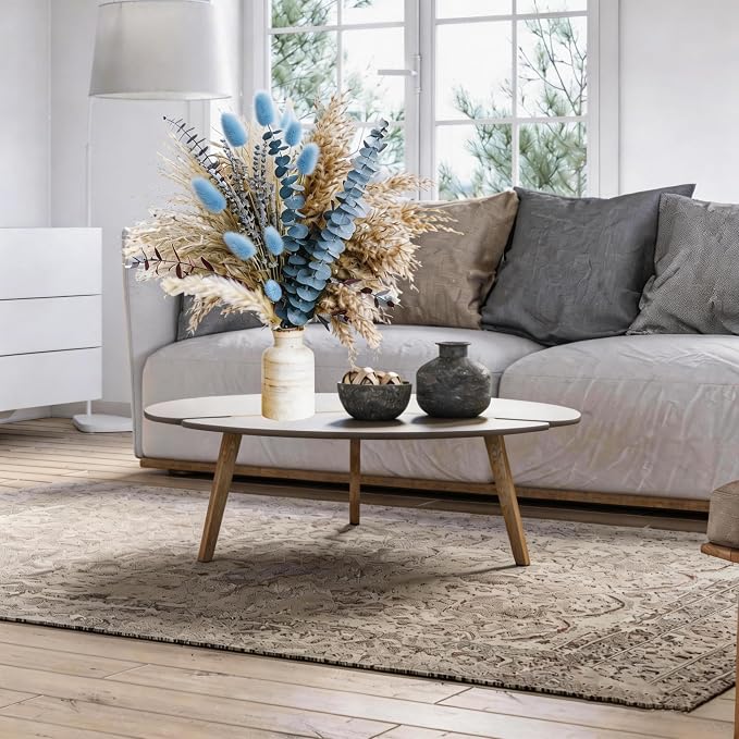 Dusty Blue Dried Flower Bouquet with Pampas Grass, Bunny Tails, Lavender and Eucalyptus, Beige Boho Floral Arrangement for Vase, Wedding Centerpiece, Bedroom and Coastal Home Decor