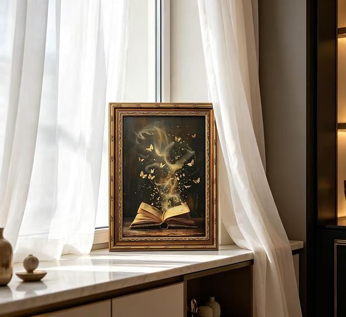 Vintage Gold Framed Victorian Bookish Wall Art Dark Academia Library Fantasy Mystical Canvas Print Reading Nook Butterfly Aesthetic Picture Wall Decor Gothic Bookclub Poster Artwork for Library