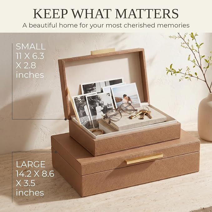 ZICOTO Decorative Storage Boxes with Lids – Set of 2 Beautiful PU Leather Organizer Bins for Your Bookshelf Home Decor - Safely Store Photos, Documents and Memory Box Keepsakes in Style