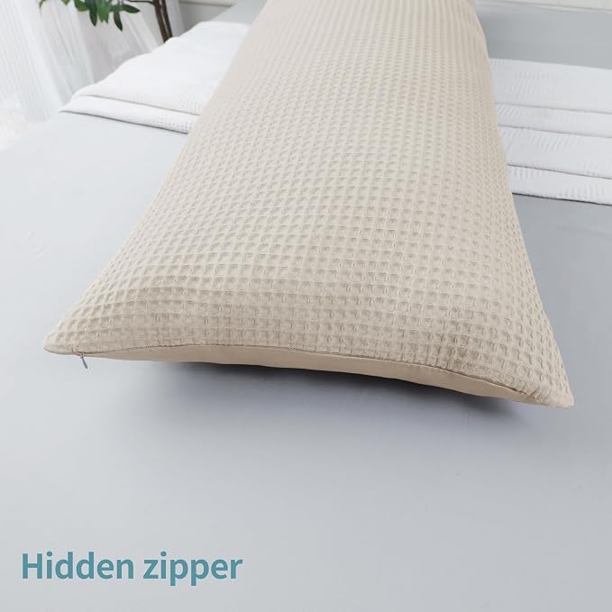 100% Egyptian Cotton 600 TC Waffle Weave Body Pillowcase with Zipper | 1 Pack Ultra Soft Breathable Pillow Cover, Skin-Friendly Bed Pillow Sham, Body Pillow Case Cover, Beige, 20" x 54"