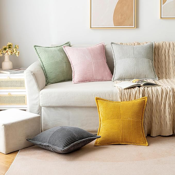 MIULEE Decorative Throw Pillow Covers for Couch 18x18 Inch Pink 2 Pack | Boho Broadside Striped Patchwork Pillow Covers, Soft Corduroy Cushion Cases, For Sofa Bed Livingroom Home Decor