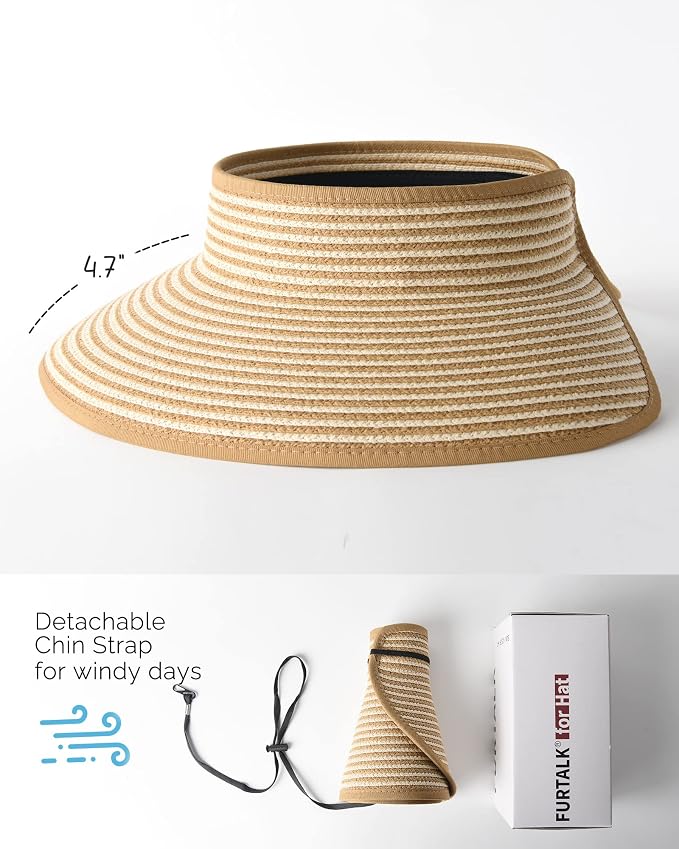 FURTALK Womens Sun Hat with Ponytail Hole Wide Brim Beach Straw Visor | Foldable & Packable for Beach Vacations, Adjustable Fit for Messy Buns, Detachable Windproof Strap, Sweat-Wicking Inner Band