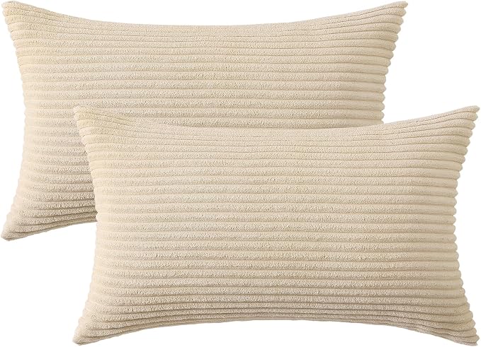 Mecatny Corduroy Fall Decorative Throw Pillow Covers 12x20 Set of 2 Beige | Soft Striped Texture, Hidden Zipper Design, Neutral Boho Lumbar Pillow Cases for Sofa Couch Living Room Bedroom, Home Décor