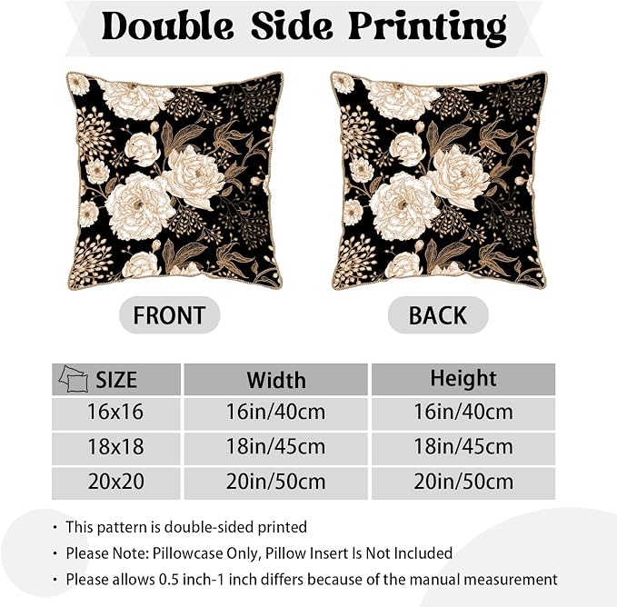 KSLIDS Vintage Peony Roses Floral Soft Velvet Throw Pillow Covers Set of 2 White Roses Flower Bloom Leaves Decorative Pillow Covers 18x18 Inch Black Gold Cream Pillow Case for Sofa Couch Home Decor