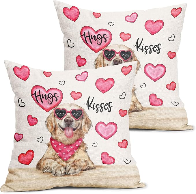 Valentine's Day Dog Pillow Covers 24X24 Inch Set of 2 Golden Retriever Hugs Kisses Pink Heart Decorative Pillow Cases Anniversary Wedding Cushion Case Valentine Party Home Decor for Sofa Couch
