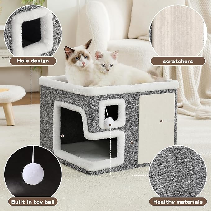 Cat Houses for Indoor Cats, Covered Cave Bed with Scratch Pad and Fluffy Ball, Foldable Cat Hideaway Condo for Large Cats, Modern Kitten Bed,16.5x16.5x13 inches (Grey, Large)