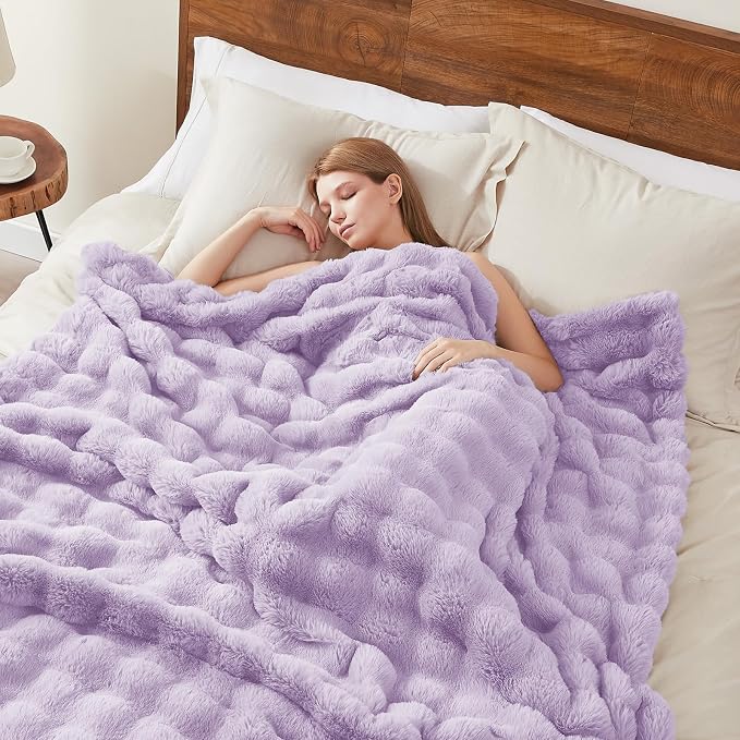 L'AGRATY Faux Rabbit Fur Throw Blanket for Couch, 50'' x 60'', Purple | Soft Cozy Bubble Fluffy Blanket for Sofa Bed, Thick Warm Plush Fuzzy Throw for Room Home Decor, Luxury Gift for Women Mom