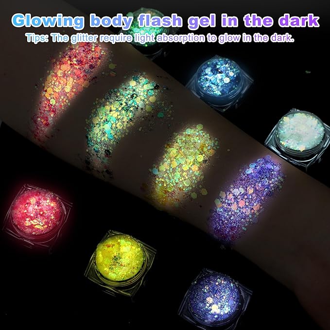6 Colors Glow in The Dark Glitter Gel for Face Body and Hair, UV Black Light Makeup Glitter Gel for Raves Festivals Party Halloween (Type 2)