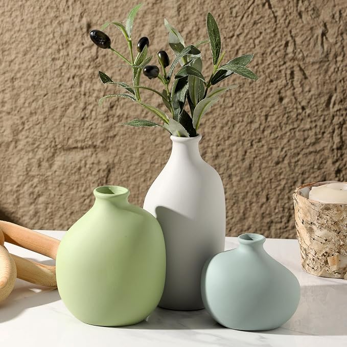 Small Ceramic Vase Set of 3, Modern Neutral Decorative Pottery Vases | Three different shapes with soft matte colors, perfect for shelves, tables, dried flowers and home styling.