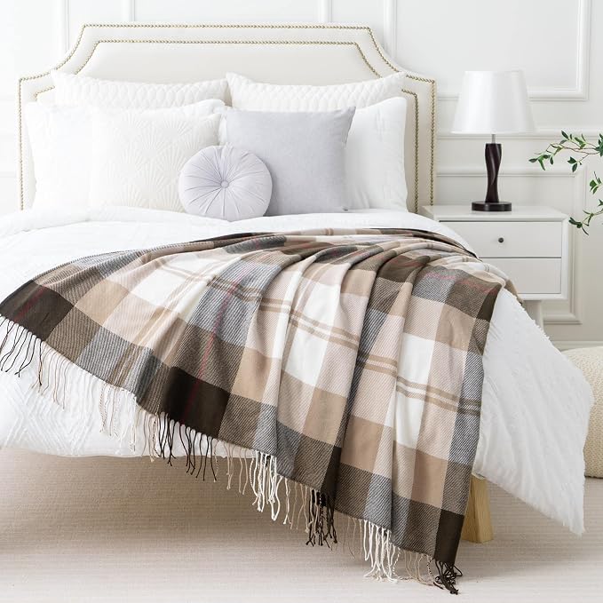 Brown Plaid Throw Blanket for Couch, Fall Buffalo Plaid Blanket 50"x60" | Lightweight Farmhouse Throw Blanket, Rustic Country Blankets, Decorative Woven Throws with Tassels, Ideal for Bed Sofa Men