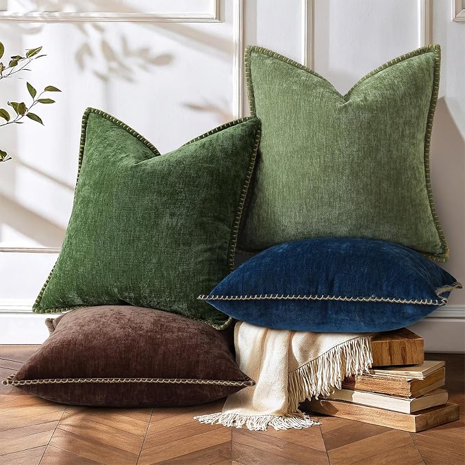 decorUhome Soft Chenille Throw Pillow Covers 22x22 Set of 2 Chocolate | Fall Textured Decorative Throw Pillow Cases Stitched Edge Modern Farmhouse Luxury Boho Velvet for Couch Sofa Bed Home Decor