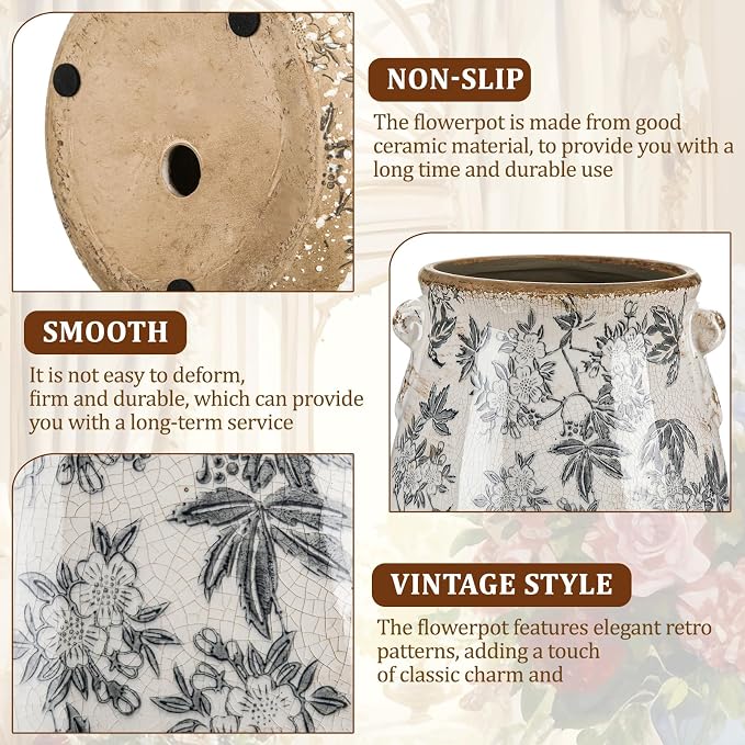Ceramic Scroll Planter 6.5 Inch Chinoiserie Floral Vase with Drainage Holes Vintage Flower Vase Flower Pot Rustic Ceramic Pots for Indoor Plants Garden Home Bookshelf Decor(Gray Glaze)