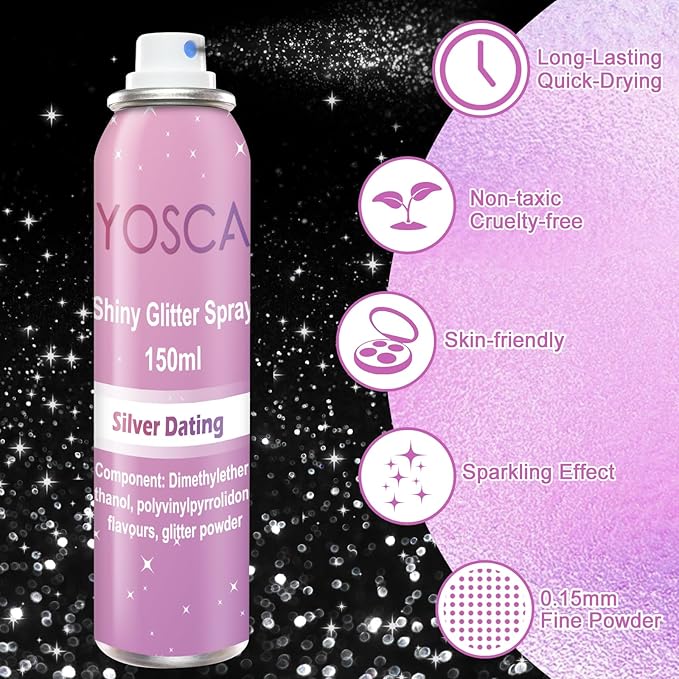 Yosca 150ML Body Glitter Spray, Diamond Silver Shiny Glitter Spray for Hair Body Clothes, Quick-Drying Long-Lasting Glitter Hairspray Shimmer Powder for Festival Concert Party Stage Rave Accessories