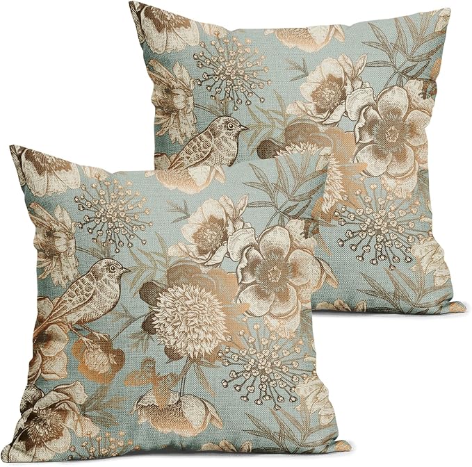 Vintage Floral Pillow Covers 24X24 Inch Set of 2 Rose Gold Flowers Bird Butterfly Decorative Pillow Cases Blue Brown Cotton Linen Cushion Case Farmhouse Home Decor for Sofa Couch Living Room