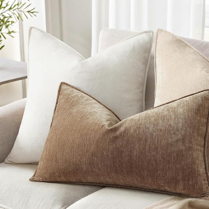 decorUhome Chenille Brown Velvet Throw Pillow Covers 12x20 Set of 2 | Fall Soft Lumbar Couch Decorative Modern Farmhouse Pillow Cases with Elegant Design for Sofa Bed Living Room Home Decor