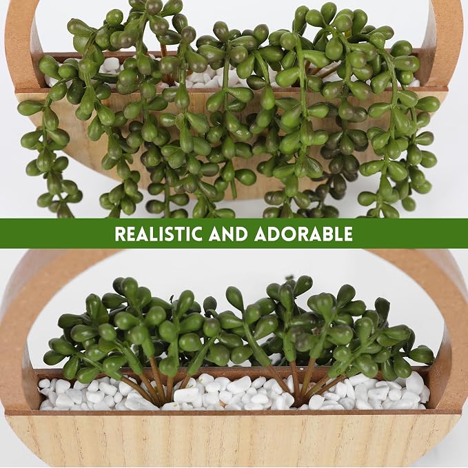2pcs Artificial Succulents Hanging Plants 20.1'' Fake String of Pearls in Pot with 9.4'' Lanyard for Indoor Outdoor Wall Decor（Wood Color）