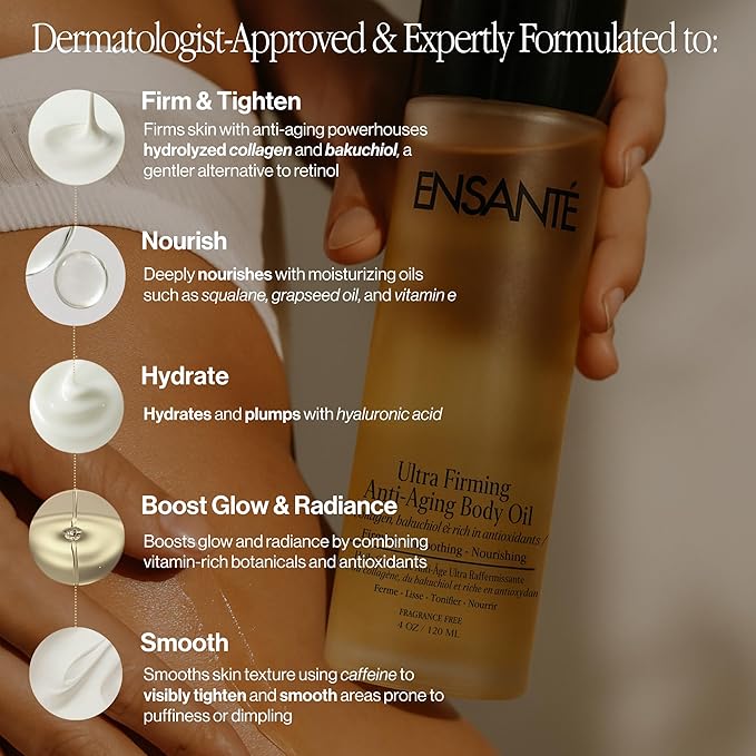 ENSANTE Ultra Firming Body Oil with Collagen Peptides for Skin Firming and Tightening, Bio Oil Skincare Oil Anti Cellulite Massage Oil with Bakuchiol Squalane Vitamin E Oil for Scars & Stretch Marks