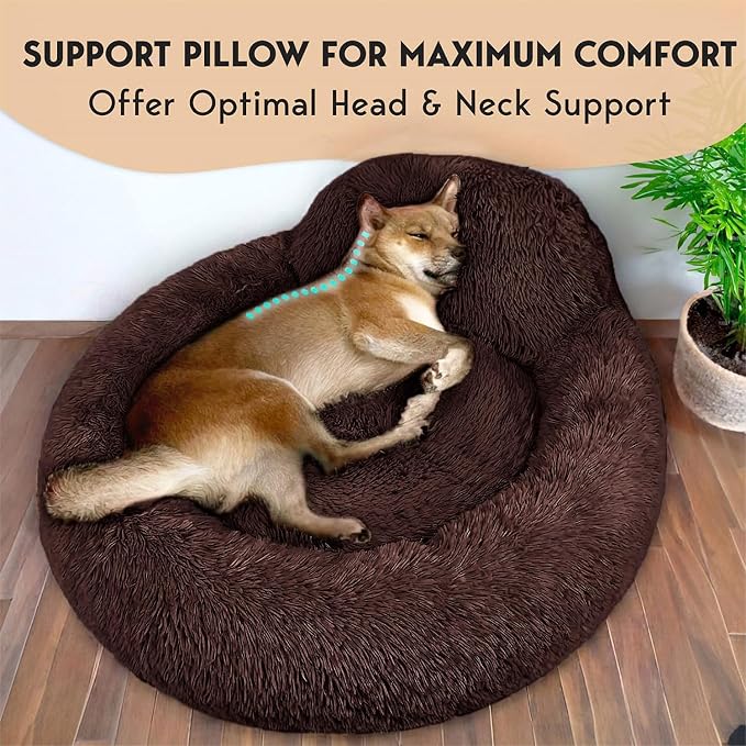 PetJett Calming Dog Bed Medium Size Dog - 30'' Donut Bed, Anti-Slip & Washable Super Soft Fluffy Plush Round Bed, Anti-Anxiety Premium Comfort Pet Bed, Fits Dogs up to 45 lbs - Brown