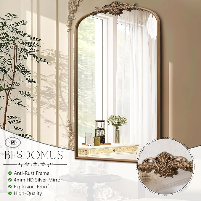 Besdomus Vintage Large Wall Mirror: 24"x42" French Brass Gold Vanity Mirror | Antique Metal Framed Decorative - Baroque Traditional Ornate for Hallway/Bathroom/Fireplace - Ideal for Bathroom Renovations
