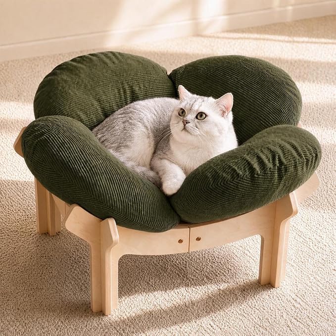 Elevated Flower Cat Bed Wooden Removable Cushion for Indoor Cats Small Dogs | Pet Couch Sofa with Fluffy Cushion, Raised Kitty Lounge Chair Suitable for Puppy, Modern Cat Furniture (Green)