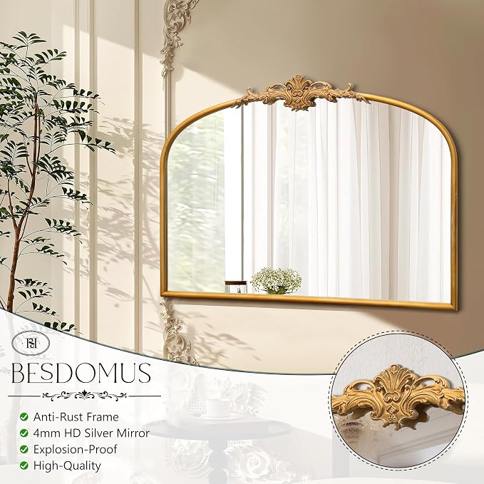 Besdomus Antique Gold Wall Mirror: 32"x24" French Ornate Decorative Mirrors | Vintage Baroque Ornate Arch Metal Framed for Mantel/Hallway/Bathroom Vanity/Bedroom - Ideal Gifts for Wedding/Birthday