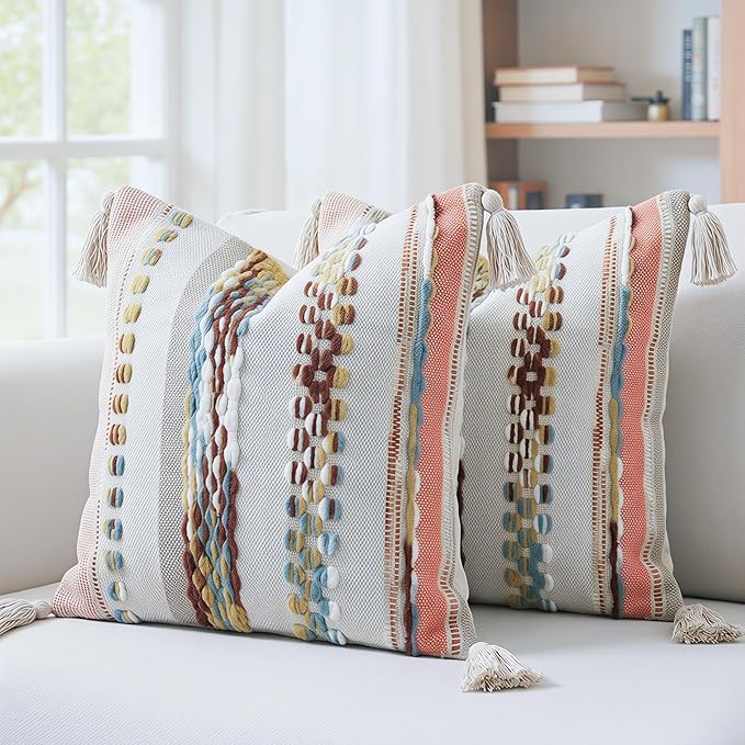PANOD Chenille Farmhouse Throw Pillow Covers 18 x 18 Red Brown, Neutral Boucle Couch Pillow Cover, Striped Decorative Boho Coushion Cover Pillow Case for Couch Bed Sofa Bedroom,Modern Accent,Set of 2