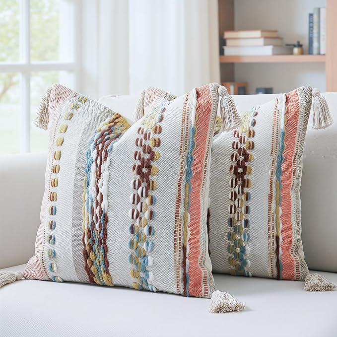 PANOD Chenille Farmhouse Throw Pillow Covers 16 x 16 Red Brown, Neutral Boucle Couch Pillow Cover, Striped Decorative Boho Coushion Cover Pillow Case for Couch Bed Sofa Bedroom,Modern Accent,Set of 2