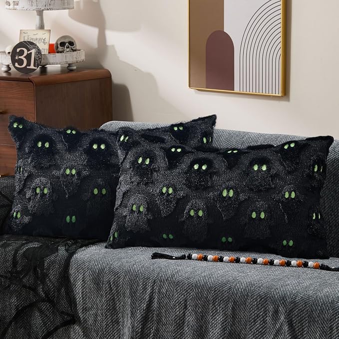 DFXSZ Halloween Pillow Covers 12x20 inch 2Pcs Black Ghost Halloween Decor | Halloween Decorations Set of 2 Throw Pillow Cases Plush Faux Fur Wool Cushion for Chair Sofa Bedroom Living Room Home Decor