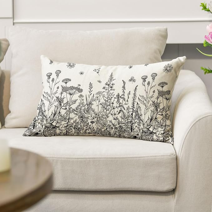 AVOIN colorlife Wildflowers Spring Grey Throw Pillow Cover 12x20 Inch | Antique Herbs Flower Cushion Case Decoration for Sofa Couch