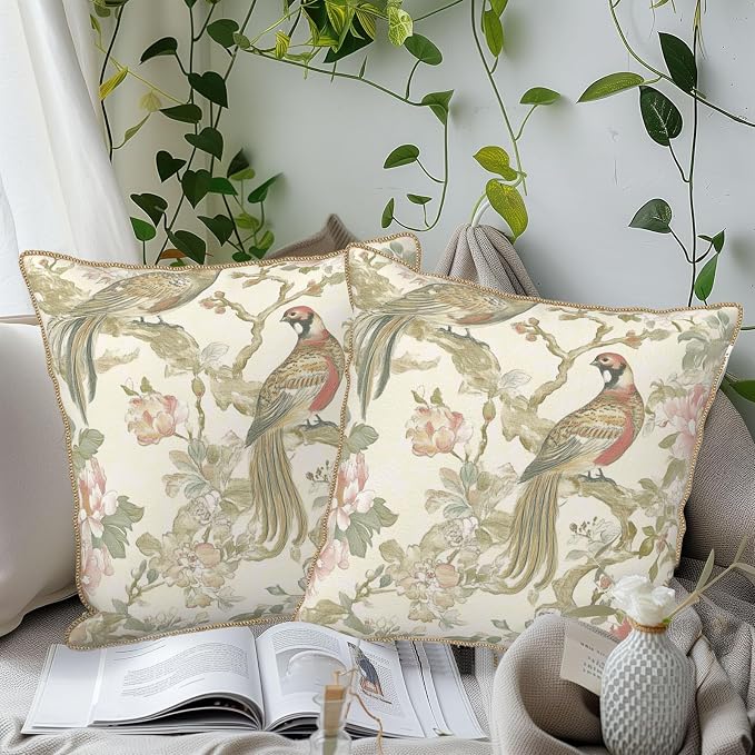 Vintage Cream Chinoiseriel Soft Velvet Throw Pillow Covers Set of 2 Bird Floral Flowers Leaves Decorative Pillow Covers 20x20 Inch Rustic Farmhouse Pillow Case For Sofa Couch Living Room Home Decor