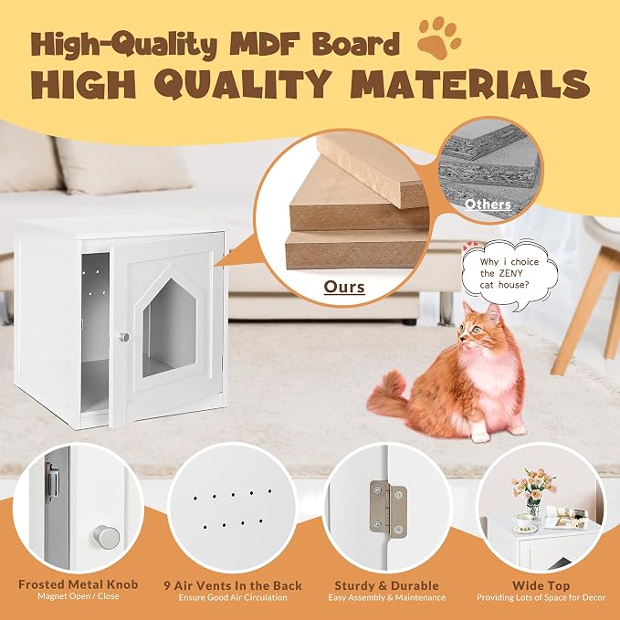 ZENY Cat House & Side Table, Pet Cat Litter Box Enclosure with Vent Holes, Wooden Enclosed Cat Washroom, White