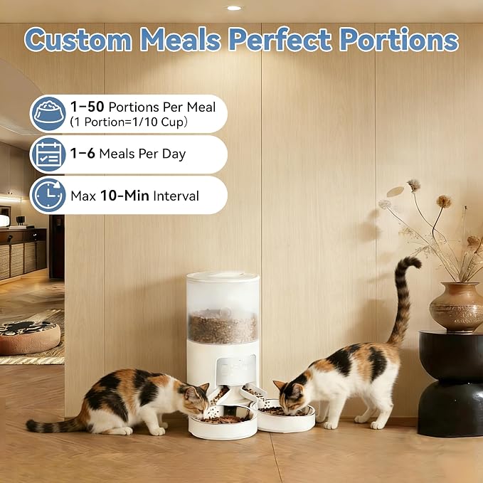 Sweetcrispy Automatic Cat Feeder for 2 Cats, 6L Automatic Pet Feeder, White | 25.3 Cups, 2 Stainless Bowls, Programmable Schedule, 6 Meals/Day, 50 Portions/Meal, Dual Power Supply, 10s Meal Call