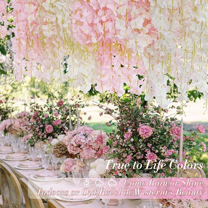 12 Pack Wisteria Hanging Flowers, Pink White Wisteria Artificial Flowers, 3.6 Feet/Pcs Fake Wisteria Flowers Garland Vines for Bedroom Wedding Home Party Wall Decoration