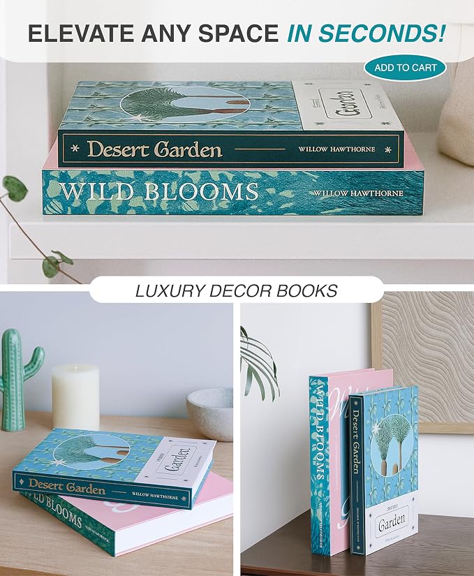 Decorative Storage Books Set of 2 – Botanical Book Box Set with Hidden Storage & Magnetic Lid – Elegant Coffee Table Decor, Modern Botanical Bookshelf Styling