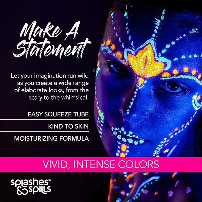 UV Face and Body Paint 10ml - 6 Pack - Neon Glow in the Dark Body Paint for Adults - Non Toxic, Vivid UV Reactive Makeup for Blacklight Parties & Events, Moisturizing Formula, by Splashes & Spills