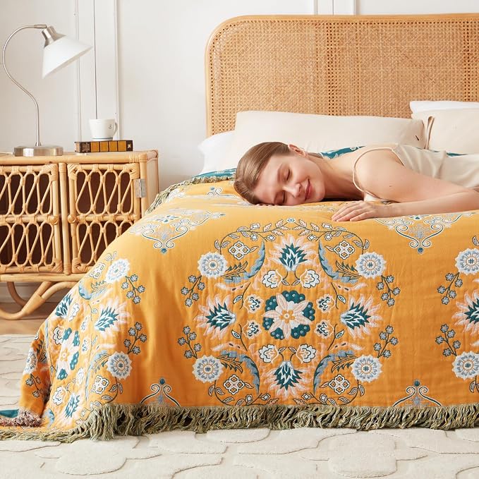 LUTBM Boho Throw Blanket for Bed 60"x80", 100% Cotton Yellow Couch Blankets | Reversible Floral Jacquard, Soft All-Season Twin Quilt, For Chair Sofa Living Room Decor, Lightweight Breathable, Women Gift