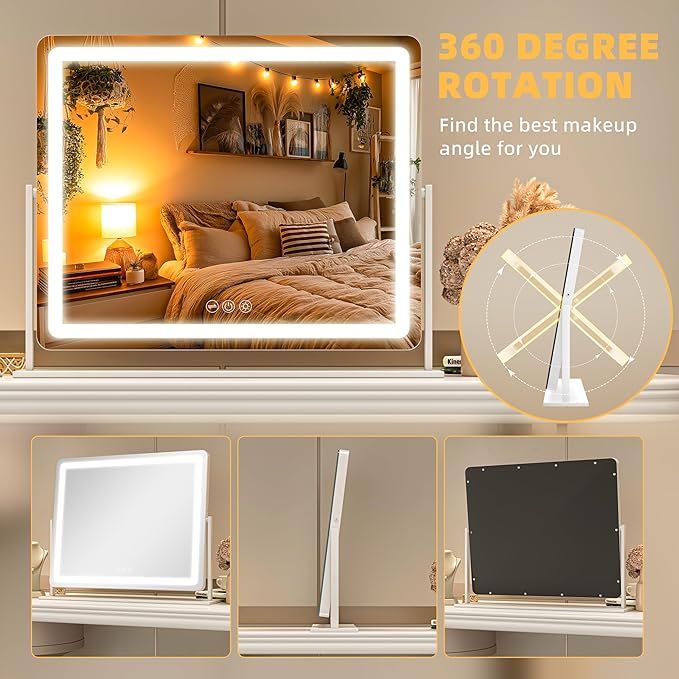 Vanity Mirror with Lights, 23.6'' x 20'' Lighted Makeup Mirror, Touch Screen with 3-Color Lighting, Dimmable for Vanity Desk Tabletop Round White