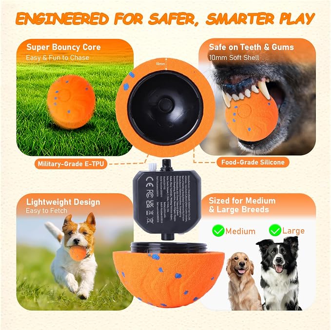 Interactive Dog Ball Toy, Automatic Motion Activated Smart Rolling & Bouncing Ball, USB Rechargeable Durable E-TPU Material Pet Toy for Small Medium Large Dogs, Boredom Relief & Exercise -- Orange