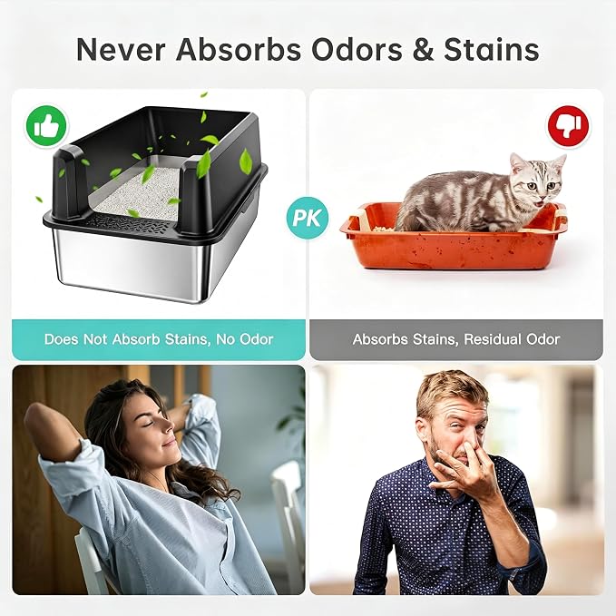 WoofiGo XL Stainless Steel Litter Box, High Sided Litter Pan for Big Cats | XL for Big Cats, Anti-Urine Leakage, Non-Stick Odor-Free, Easy Clean, High Sides Block Spray, Reduce Litter Tracking, Durable