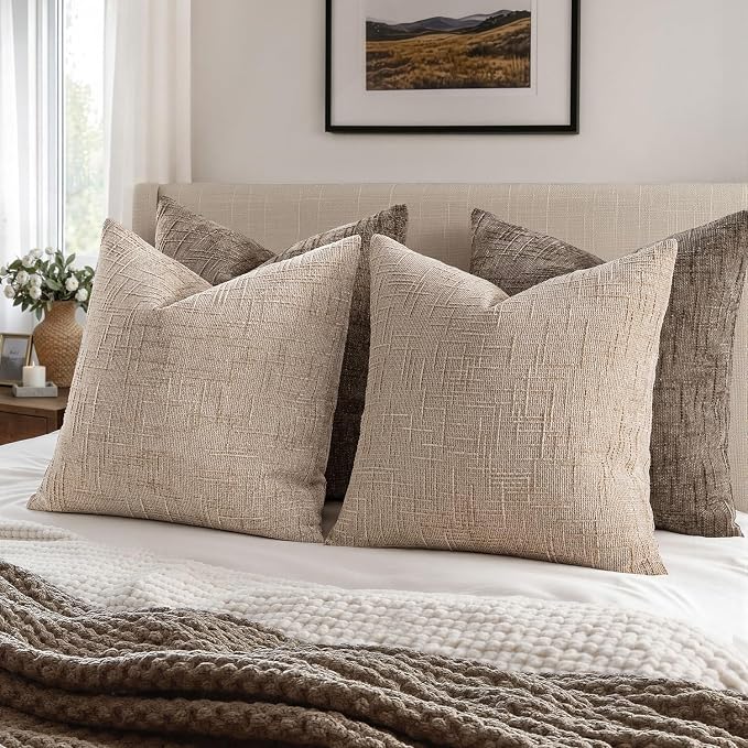 MIULEE Chenille Textured Euro Throw Pillow Covers Oatmeal 26x26 Set of 2 | Slubby Decorative Pillows, Boho Farmhouse Home Decor, Modern Neutral Cushion Covers for Couch Sofa Bed Living Room
