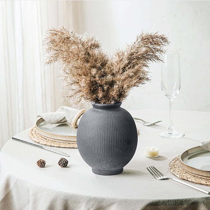 Ceramic Decorative Flower Vase - Rustic Farmhouse Boho Ceramic Vase for Home Decor, Table Centerpiece, Living Room, Bathroom, Book Shelf, Mantel Decoration, Wedding Decor (6.8" Black)