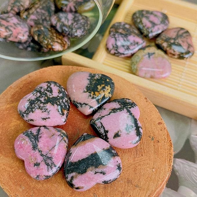 20 PCS Rhodochrosite Natural Heart Healing Crystals Cute Polished Crystal Black Line Rhodolite Stones Palm Love Heart Pocket Set Reiki Energy Balancing Meditation Valentine's Day Gift Women