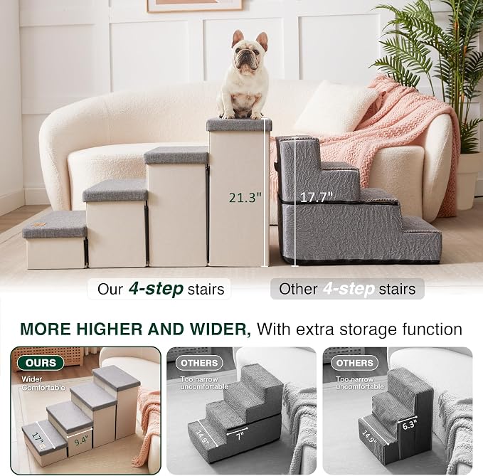 Love's cabin Dog Stairs for High Bed, Foldable Pet Stairs for Small Medium or Large Dogs Puppy with Storage for Bed or Couch, Cat Dog Steps Ramp with Zip up to 200 lbs, Light Grey, 4 Steps